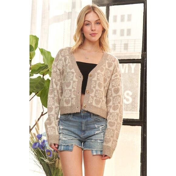 ADORA Heart Printed Button Down Relaxed Fit Cropped Sweater Cardigan | Oatmeal - Picture 7 of 9